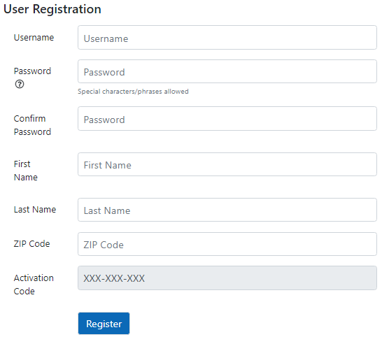 Registration form with no email. Registration form with no email.